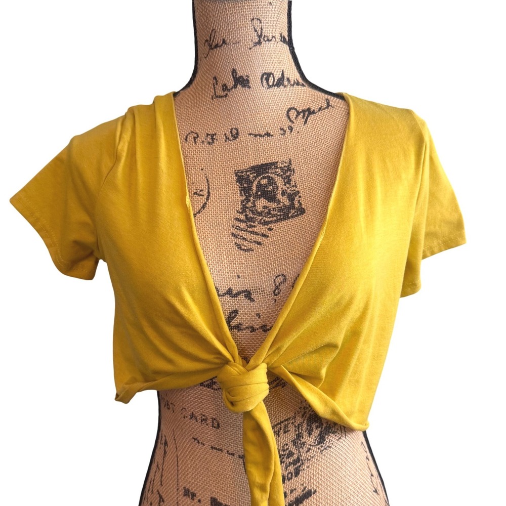 Mustard Yellow Tie Front Crop Top Short Sleeve V-Neck Summer Shirt Small